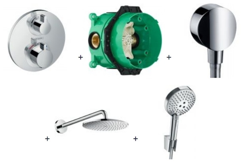 Súprava horná/hlavová sprcha Hansgrohe Raindance 27607000, vaňová/sprchová batéria Hansgrohe Ecostat 15758000, 27669000, 01800180, 27453000