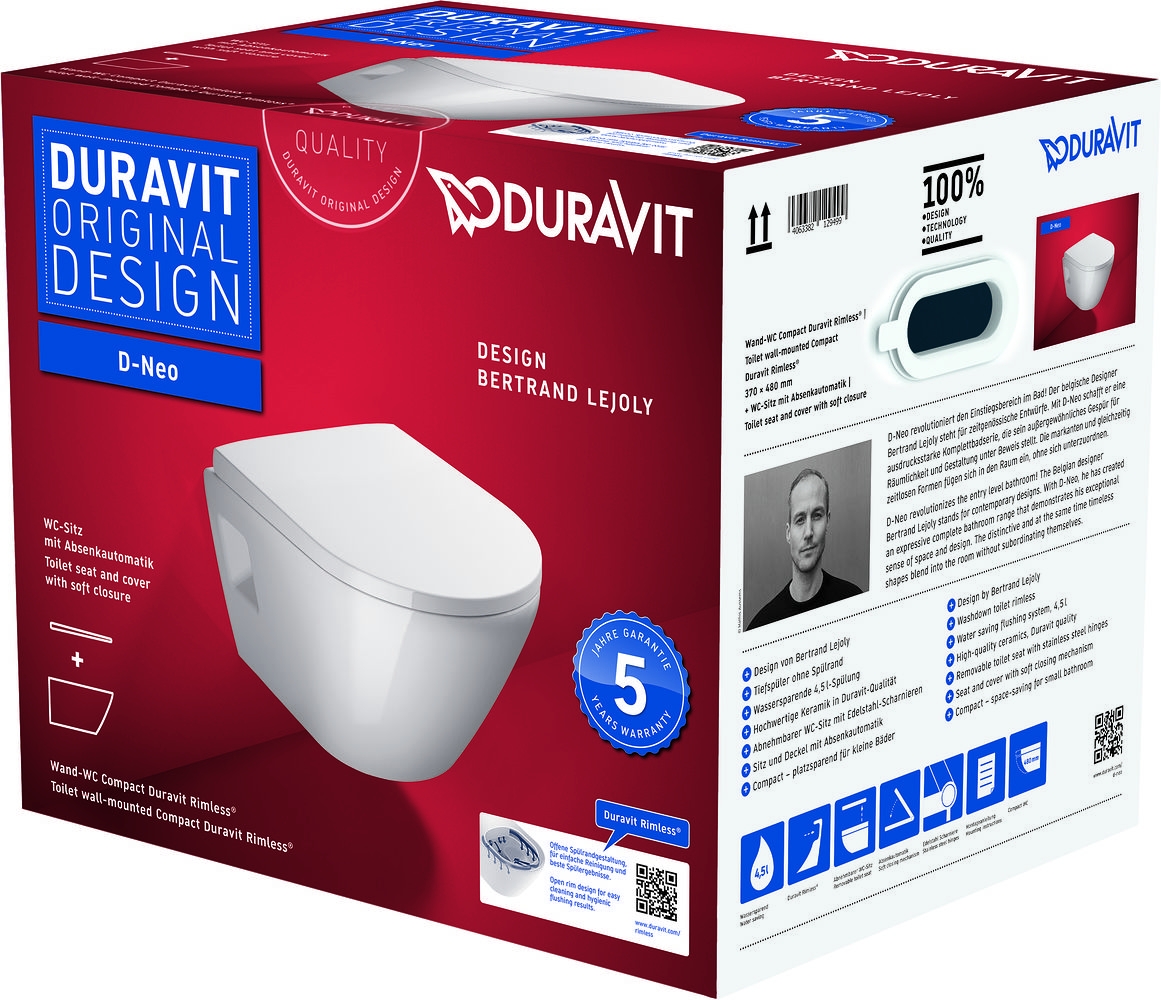 Duravit D-Neo wc misa s pomaly sa sklápajúcim sedadlom závesné áno biela 45870900A1