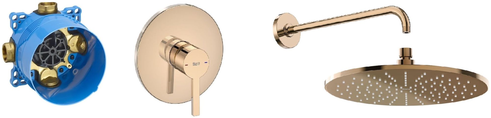 Súprava horná/hlavová sprcha Roca Rainsense A5B3950RG0, sprchová batéria Roca Naia Rose Gold A5A2B96RG0, A525869403, A5B0250RG0