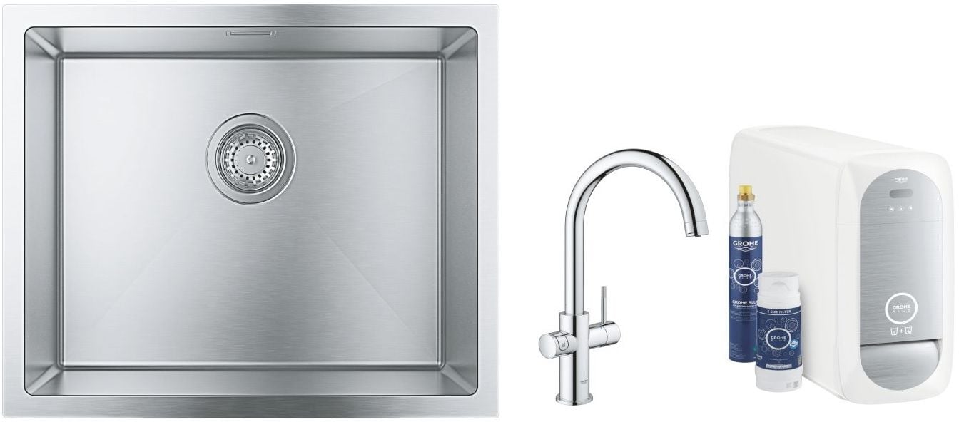 Súprava kuchynská batéria s filtrom Grohe Blue 31455001, nerezový drez Grohe K700 31726SD0