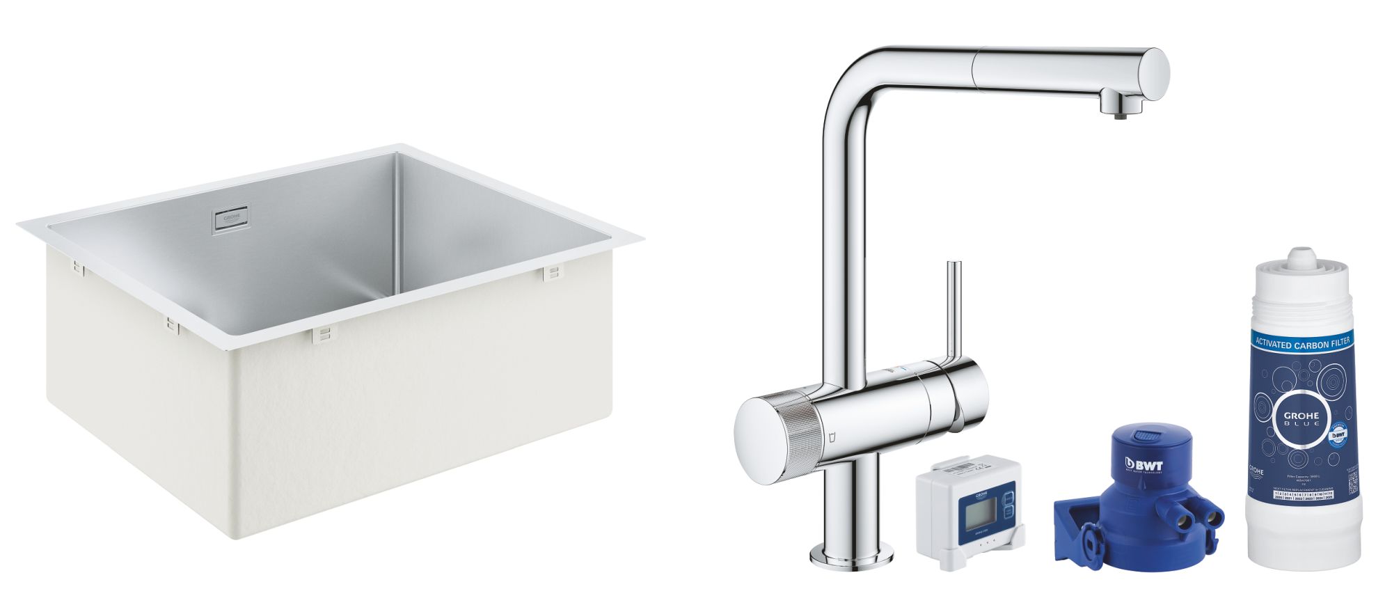 Súprava kuchynská batéria s filtrom Grohe Blue 31455001, nerezový drez Grohe K700 31726SD0