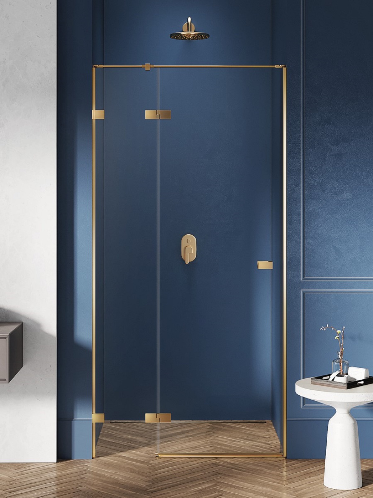 New Trendy Avexa Gold Brushed sprchové dvere 110 cm výklopné zlatá brúsená/priehľadné sklo EXK-1720