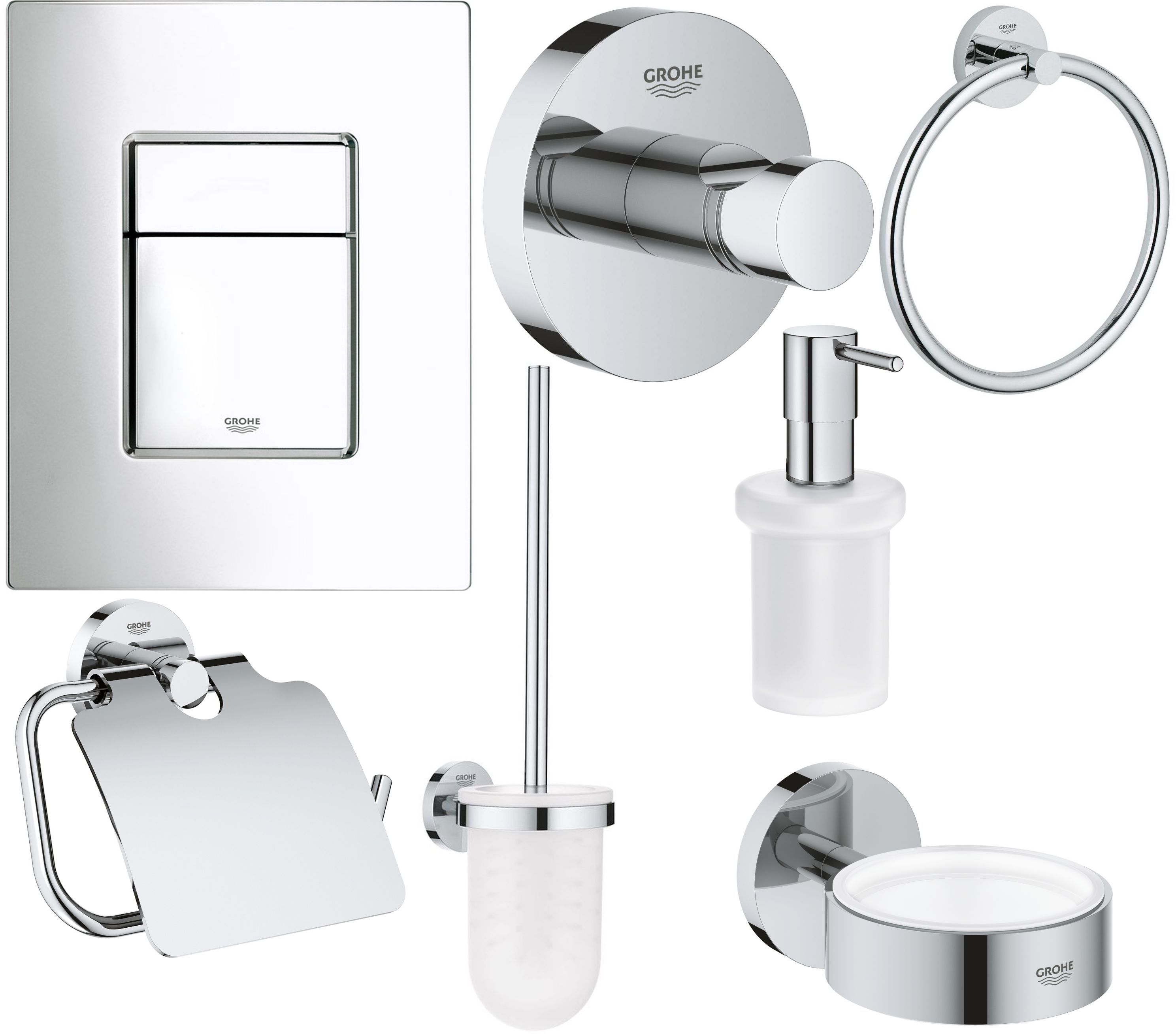 Súprava splachovacie tlačidlo Grohe Skate 38732000, toaletná kefa Grohe Essentials 40374001, 40367001, 40369001, 40365001, 40394001, 40364001