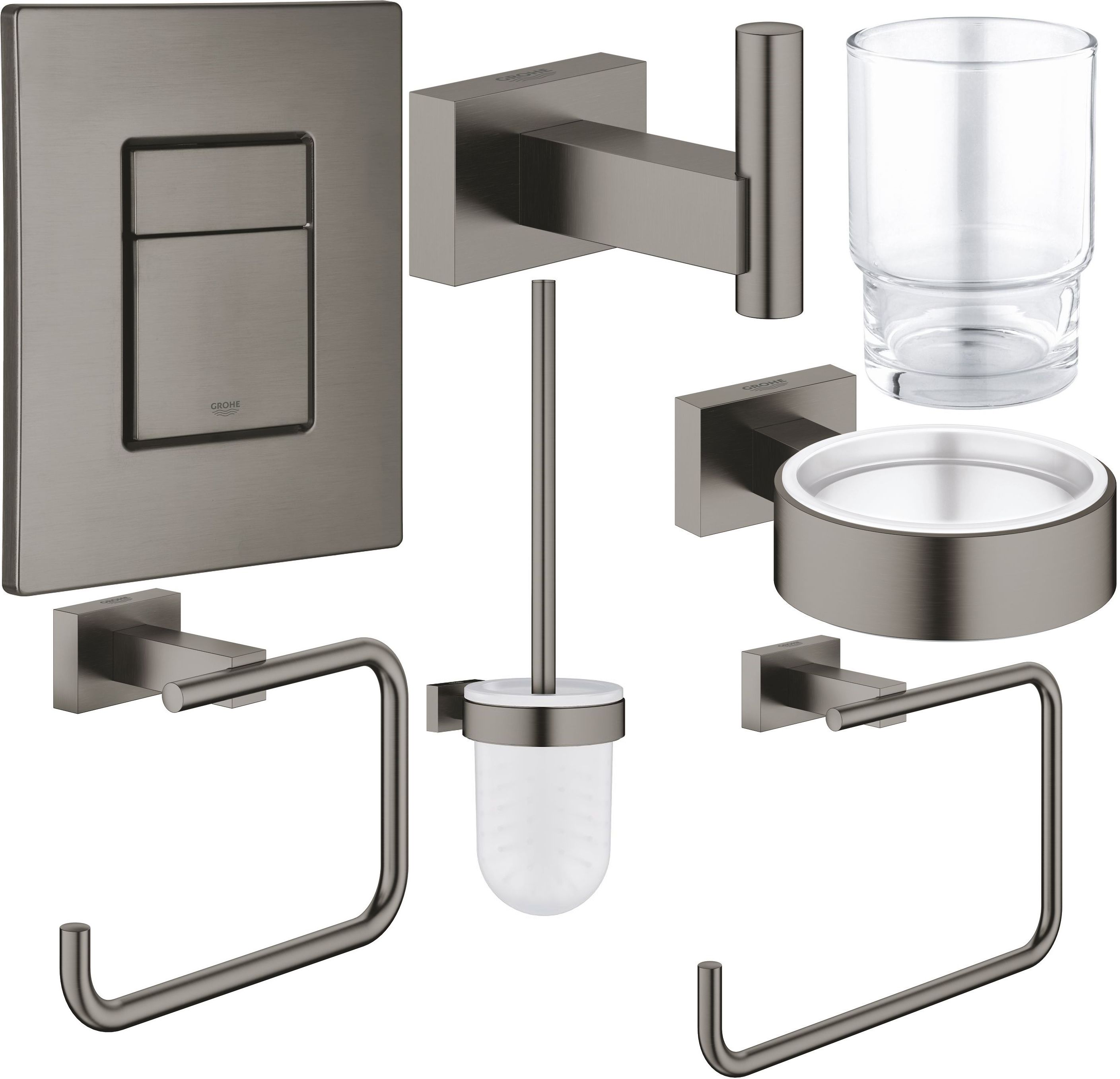 Súprava toaletná kefa Grohe Essentials 40513AL1, splachovacie tlačidlo Grohe Skate 38732AL0, 40510AL1, 40507AL1, 40508AL1, 40511AL1, 40372001