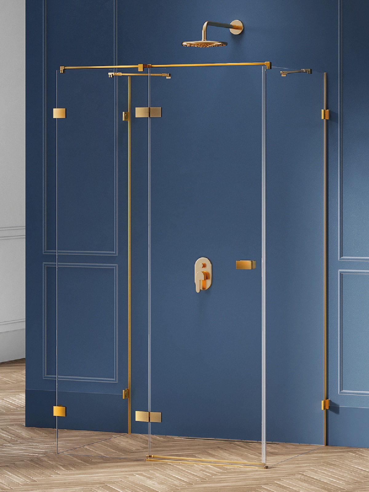 New Trendy Avexa Gold Brushed sprchovací kút 110x110 cm obdĺžniková zlatá brúsené/priehľadné sklo EXK-3092