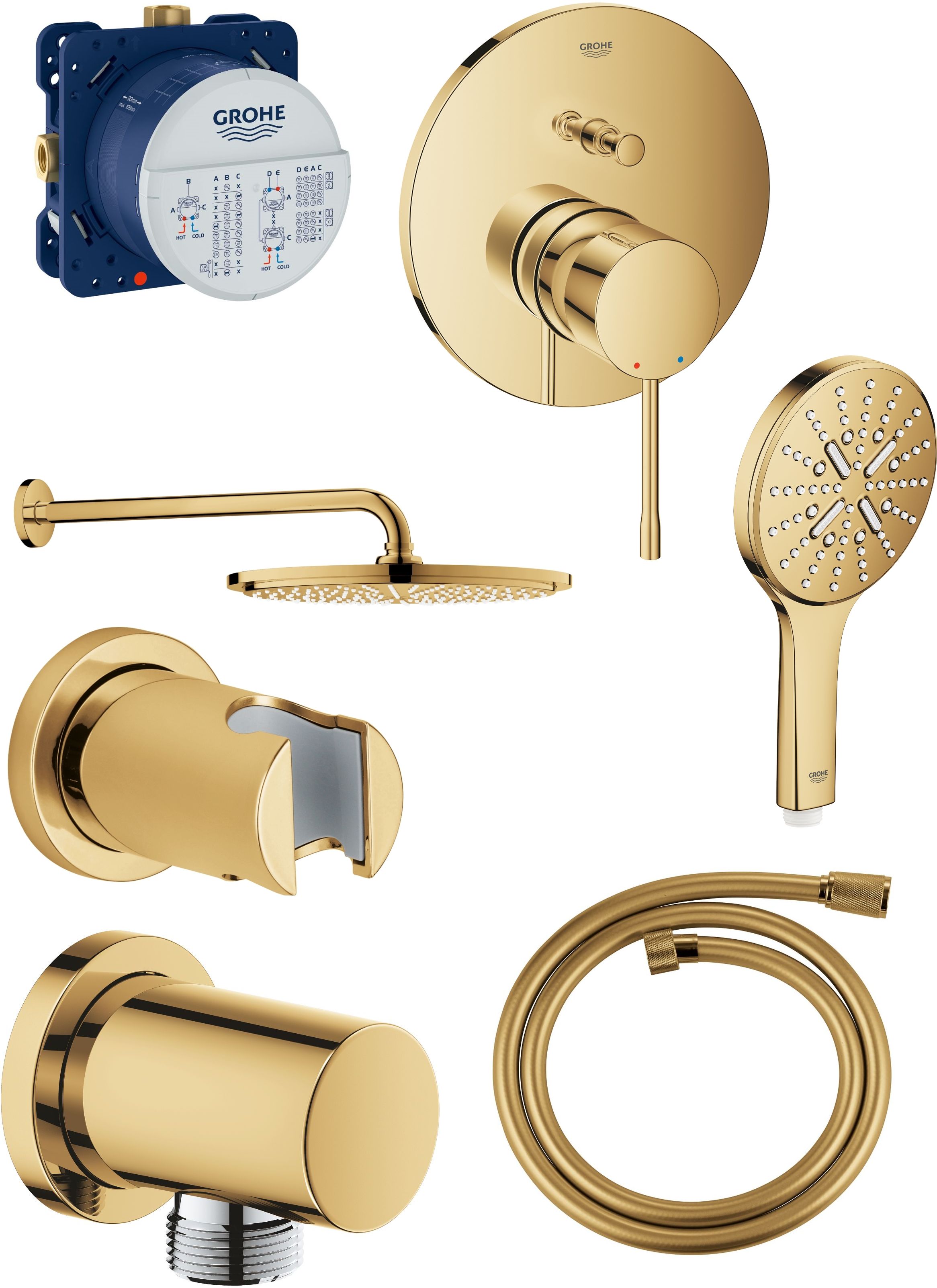 Set horná/hlavová sprcha Grohe Rainshower 26066GL0, podomietková vaňová-sprchová batéria Grohe Essence 24058GL1, 26574GL0, 27057GL0, 35600000, 27074GL0, 28362GL0