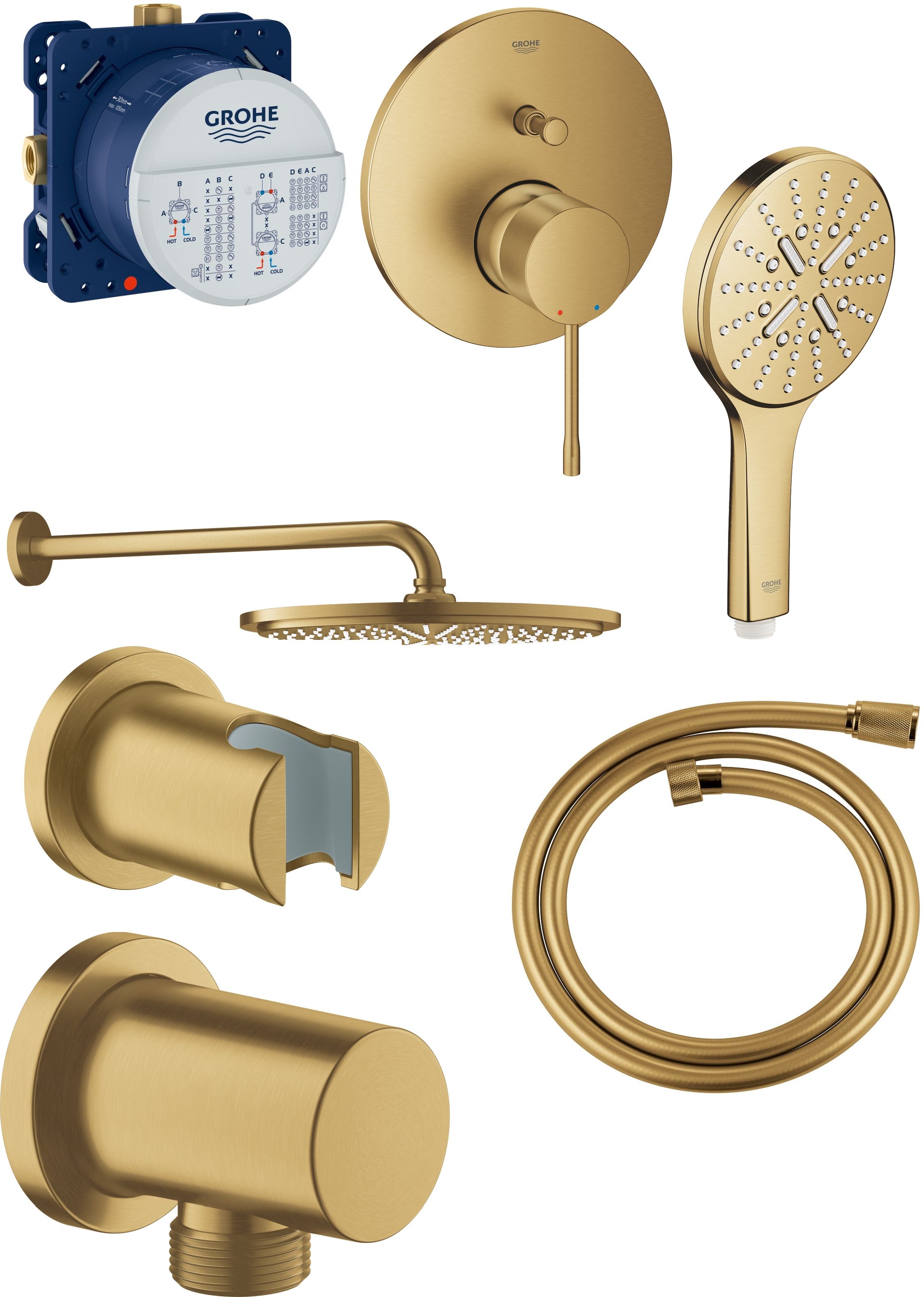 Set horná sprcha so sprchovacím ramenom Grohe Rainshower 26066GN0, podomietková vaňová-sprchová batéria Grohe Essence 24058GN1, 26574GN0, 27057GN0, 35600000, 27074GN0, 28362GL0