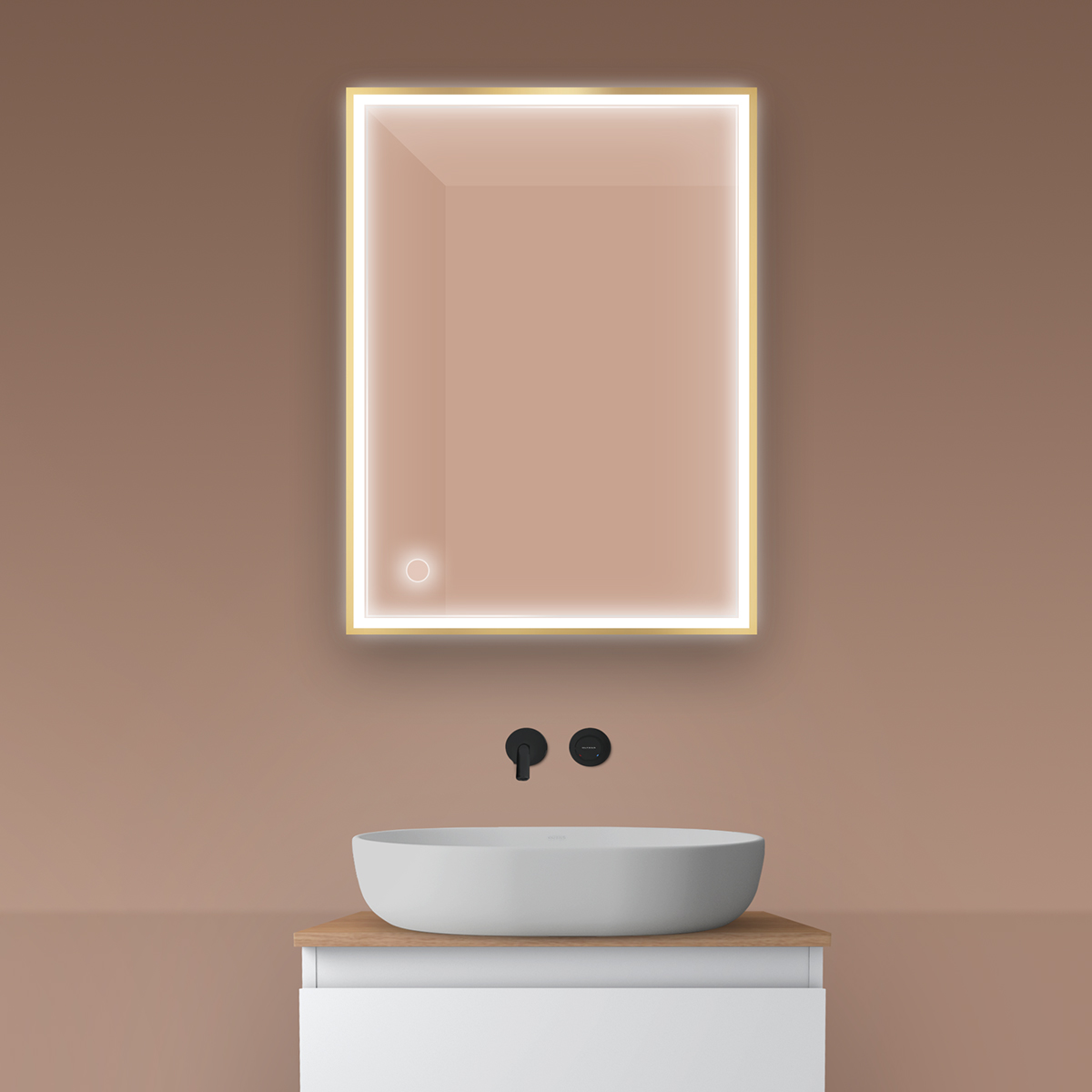 Oltens Nordlis zrkadlo 60x80 cm odĺžnikový s osvetlením s vyhrievacou podložkou zlatá 64105800