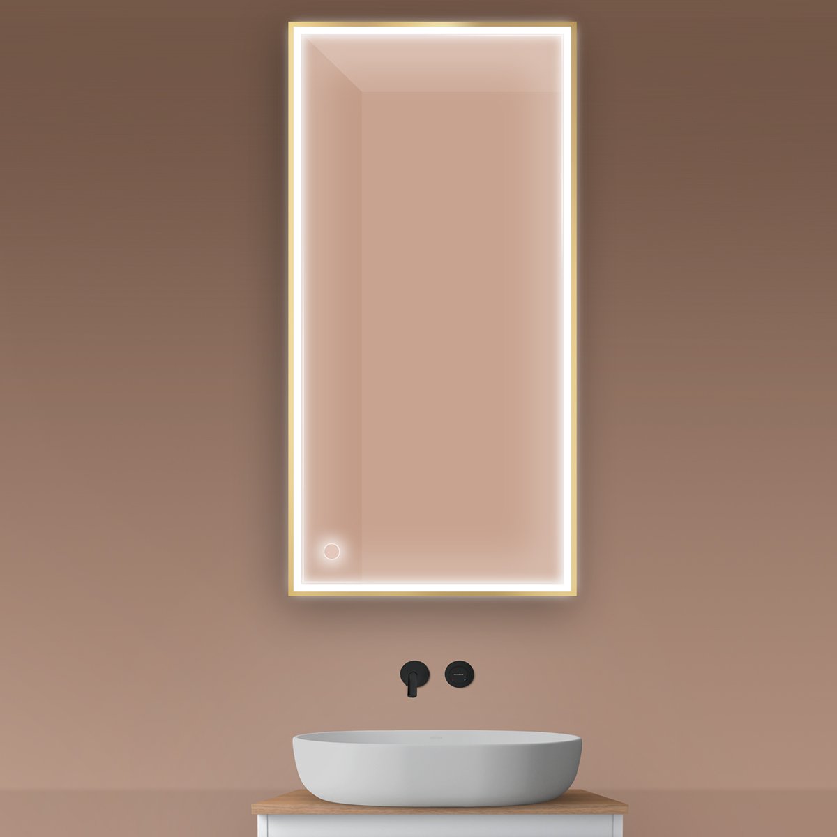 Oltens Nordlis zrkadlo 60x120 cm odĺžnikový s osvetlením s vyhrievacou podložkou zlatá 64107800