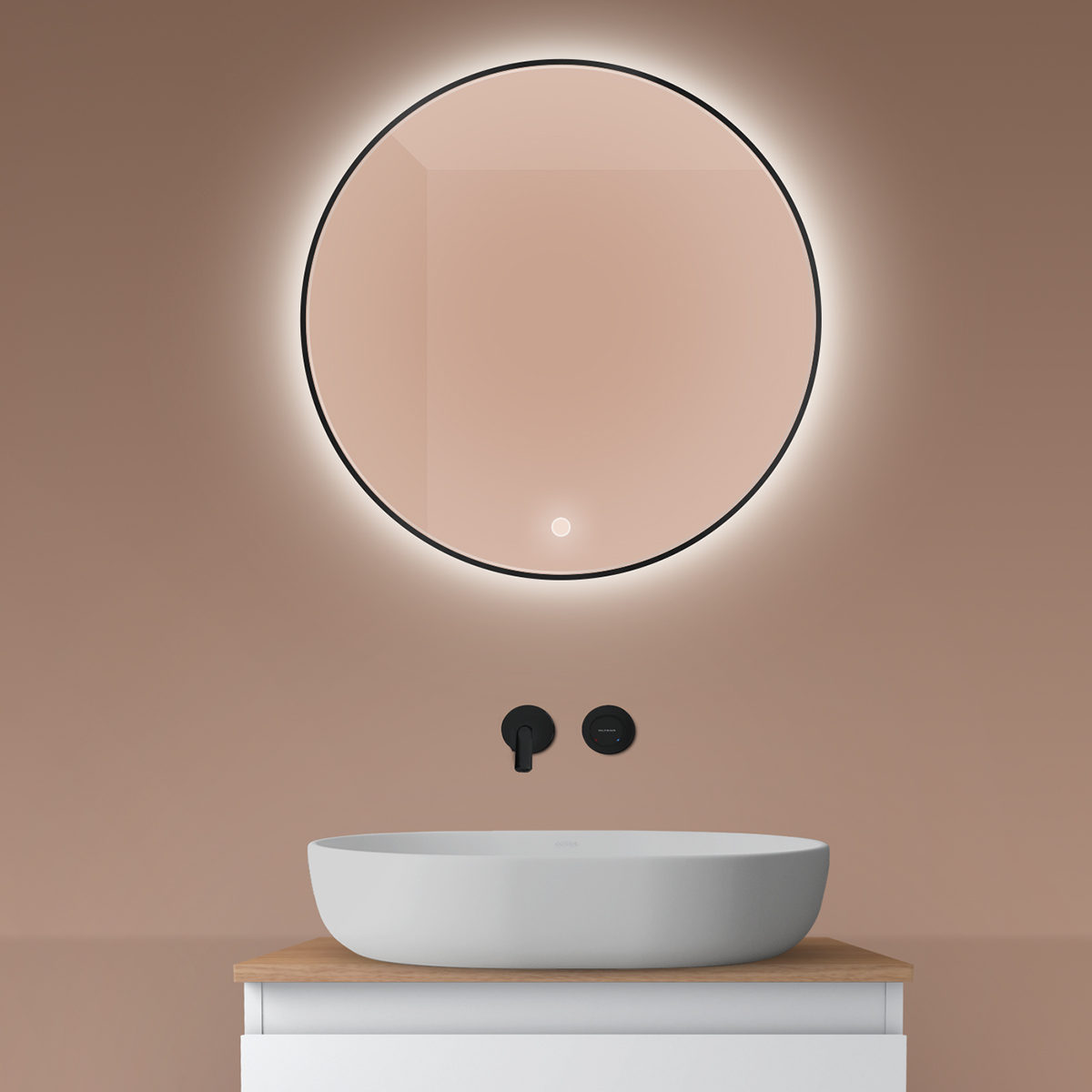 Oltens Nordlis zrkadlo 60x60 cm okrúhly s osvetlením s vyhrievacou podložkou čierna 64108300