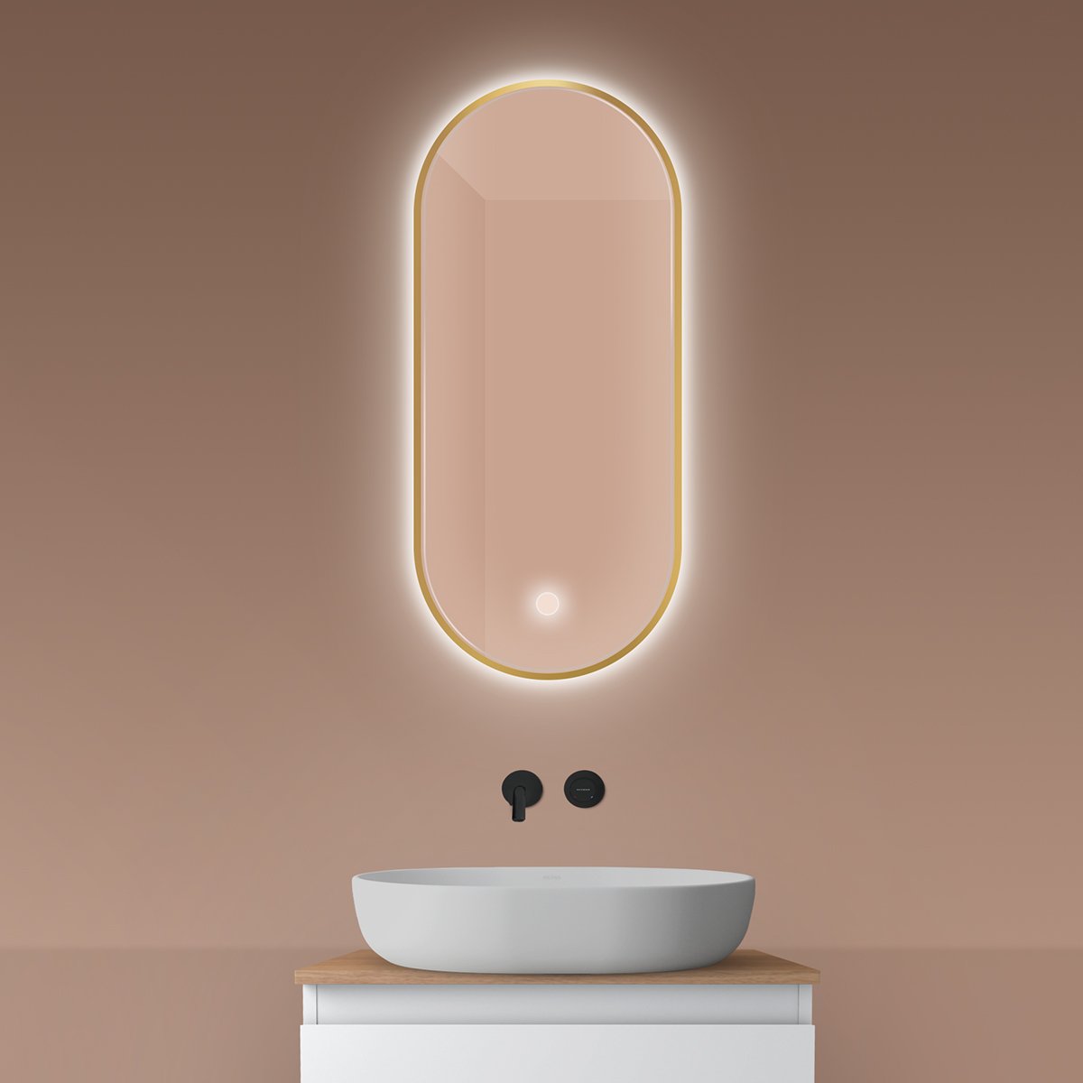 Oltens Nordlis zrkadlo 40x90 cm oválne s osvetlením s vyhrievacou podložkou zlatá 64113800