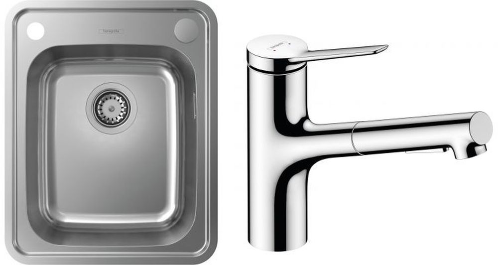 Súprava nerezový drez Hansgrohe S41 43334800, kuchynská batéria Hansgrohe Zesis M33 74800000