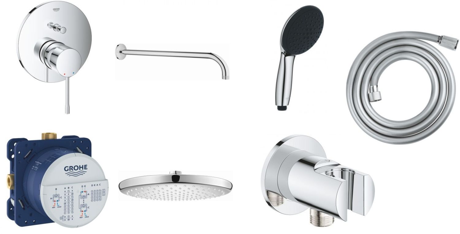 Súprava vaňová/sprchová batéria Grohe Essence 24058001, horná/hlavová sprcha Grohe Vitalio Start Shower System 26815000, 35600000, 27851000, 26962001, 2794610E, 28741002