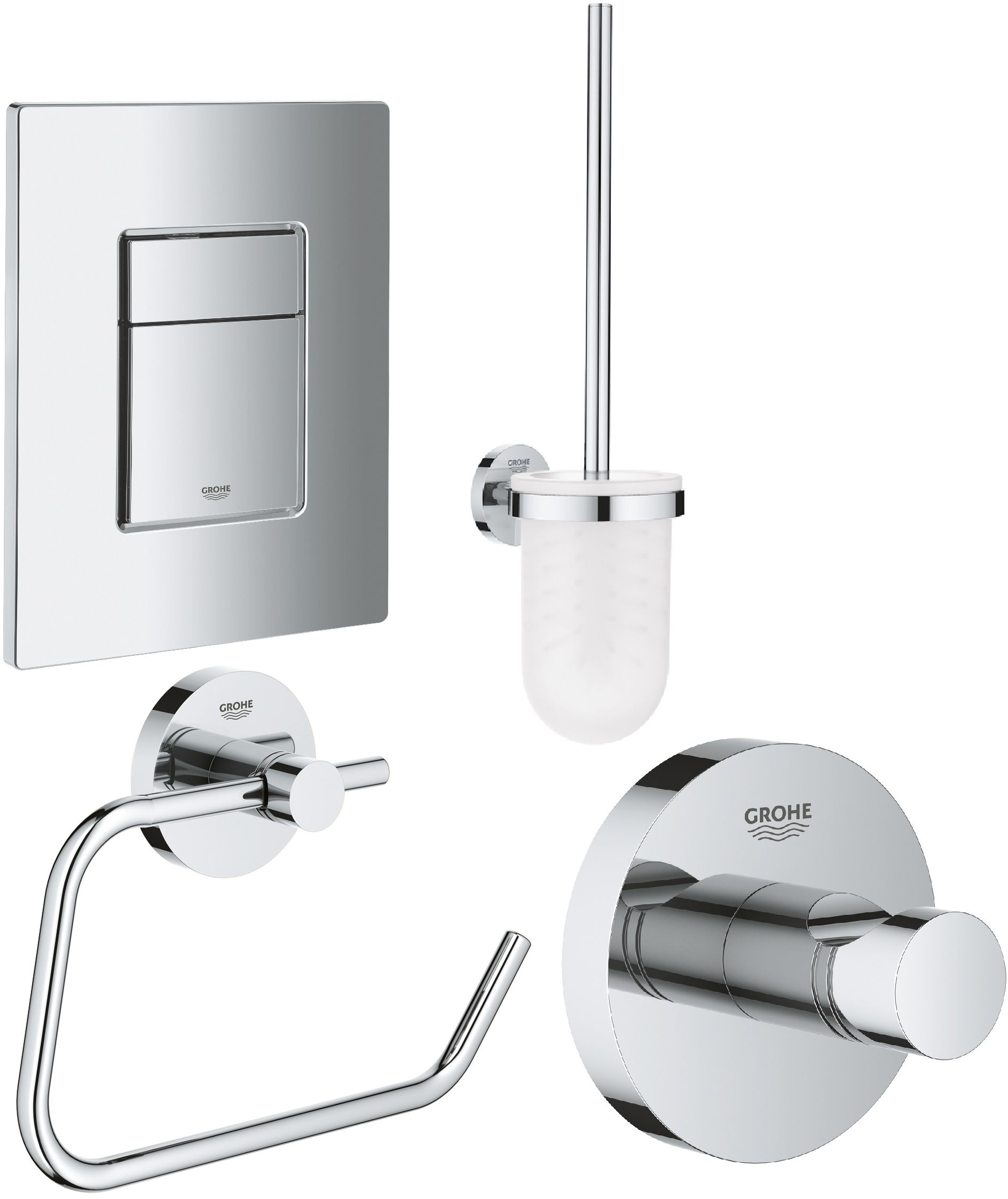 Súprava toaletná kefa Grohe Essentials 40374001, splachovacie tlačidlo Grohe Skate 38732000, 40689001, 40364001