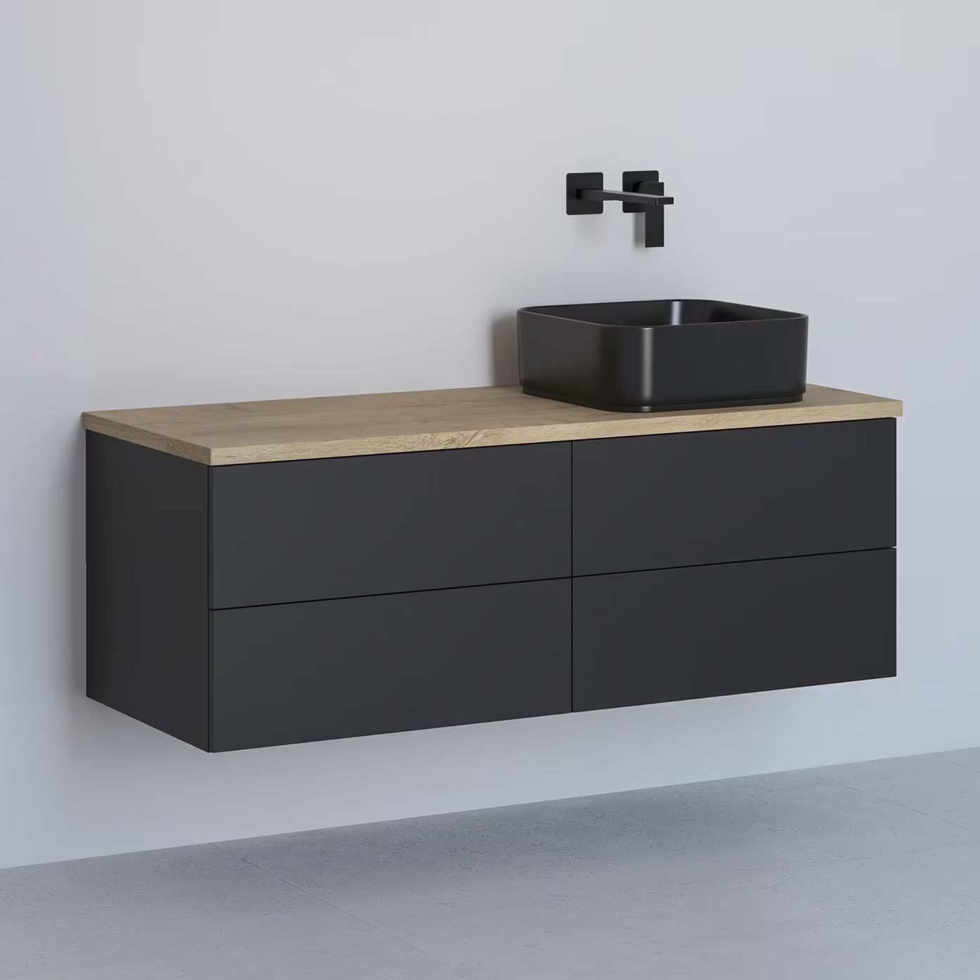 Kronenbach Cube skrinka s pracovnou doskou 121x48.7x44.5 cm závesná kúpeľňová skrinka pod umývadlo čierna-dub KBWTKOWTL1214SMGH