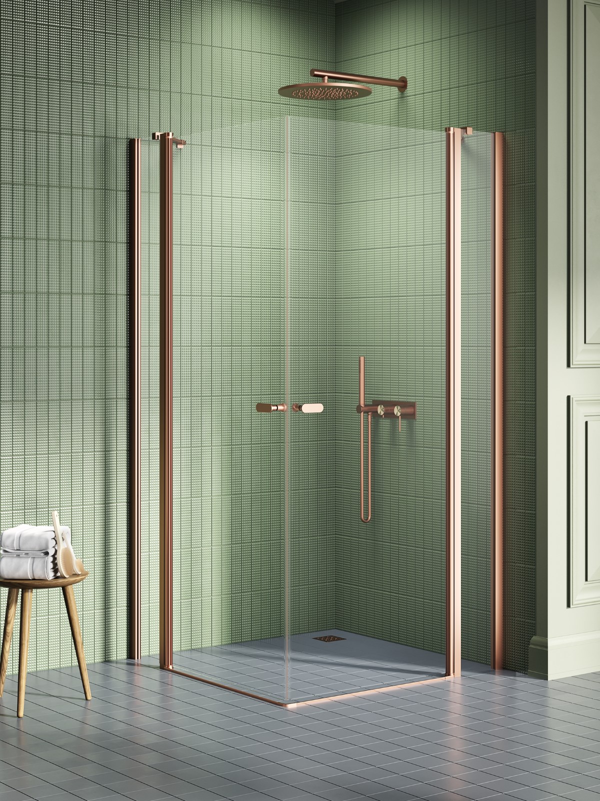 New Trendy New Soleo Copper Brushed sprchovací kút 90x90 cm obdĺžniková medená brúsené/priehľadné sklo K-2017