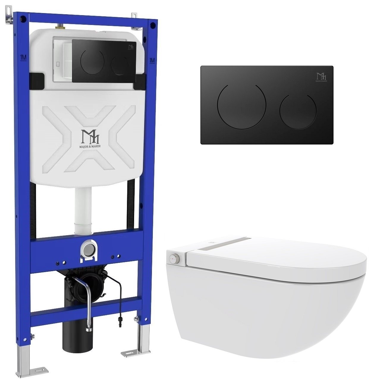Major&Maker Royal + Coral Black umyvacia toaleta s stojanom a tlačidlom závesná bez splachovacieho kruhu biela I65S200302B
