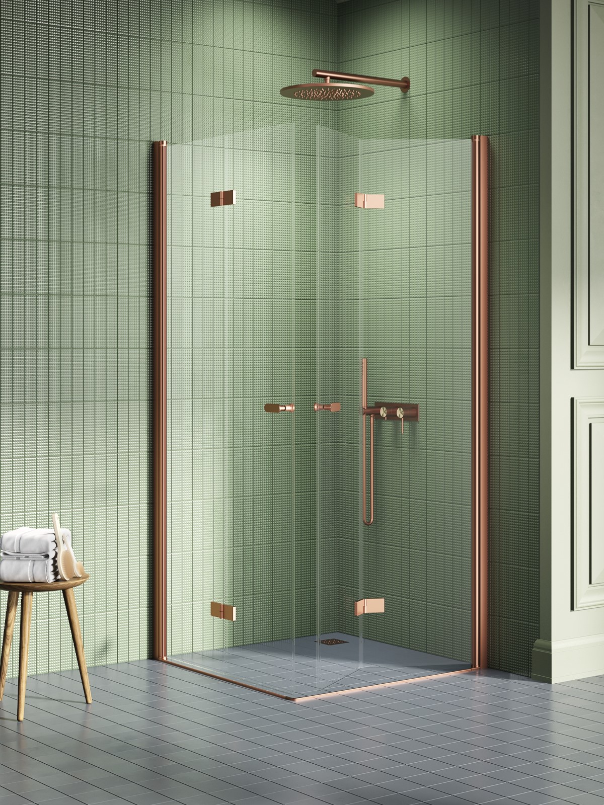 New Trendy New Soleo Copper Brushed sprchovací kút 90x90 cm obdĺžniková medená brúsené/priehľadné sklo K-2085