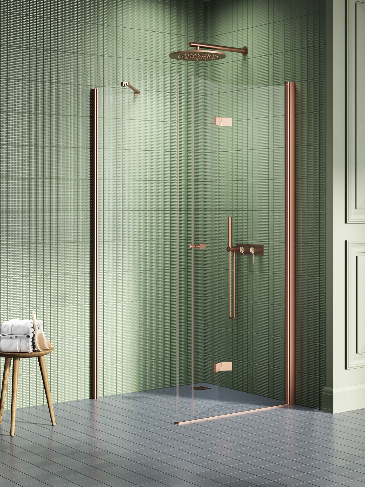 New Trendy New Soleo Copper Brushed sprchovací kút 90x80 cm štvorcová medená brúsené/priehľadné sklo K-2059