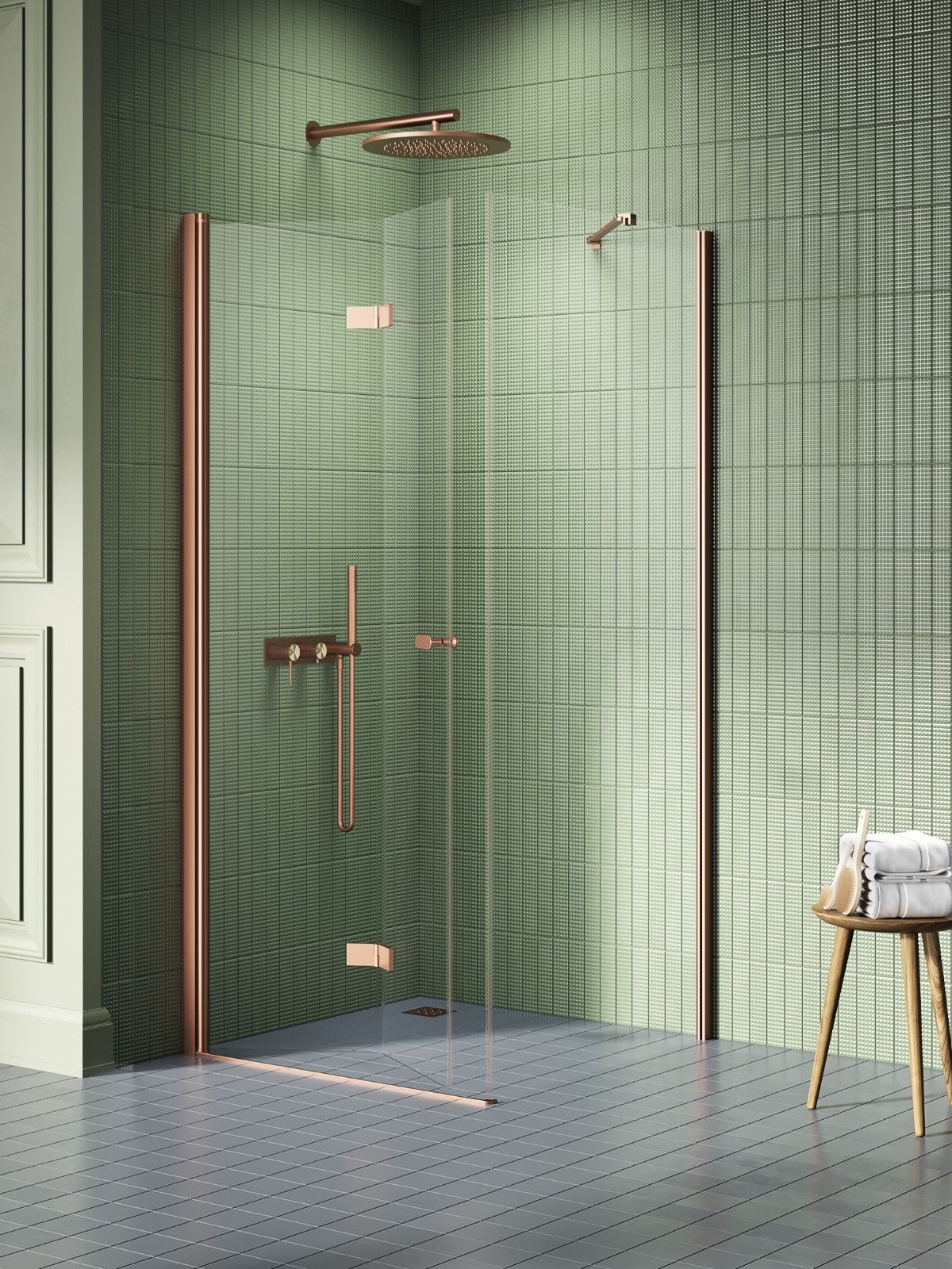 New Trendy New Soleo Copper Brushed sprchovací kút 100x100 cm obdĺžniková medená brúsené/priehľadné sklo K-2048