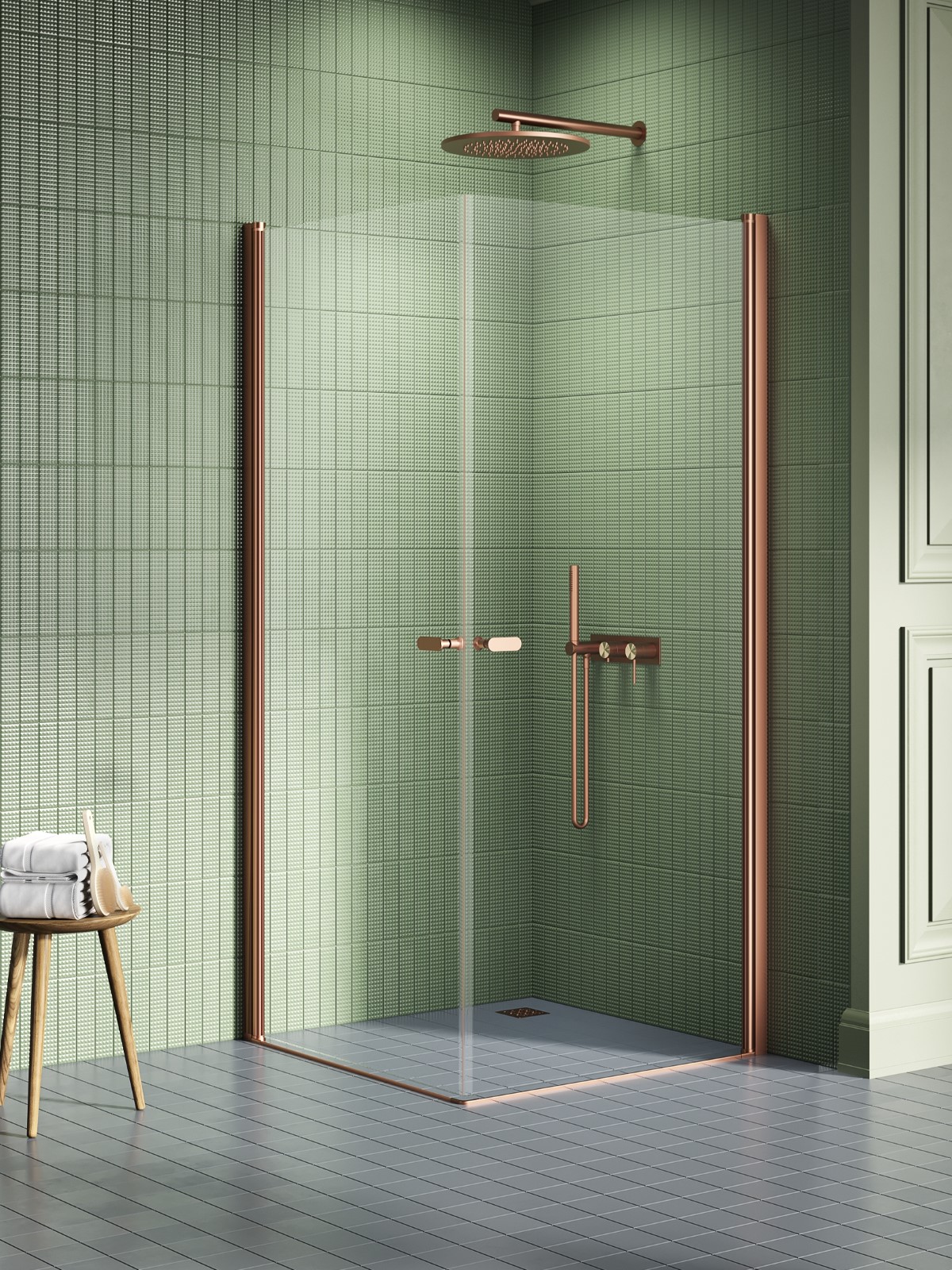 New Trendy New Soleo Copper Brushed sprchovací kút 100x80 cm štvorcová medená brúsené/priehľadné sklo K-2013