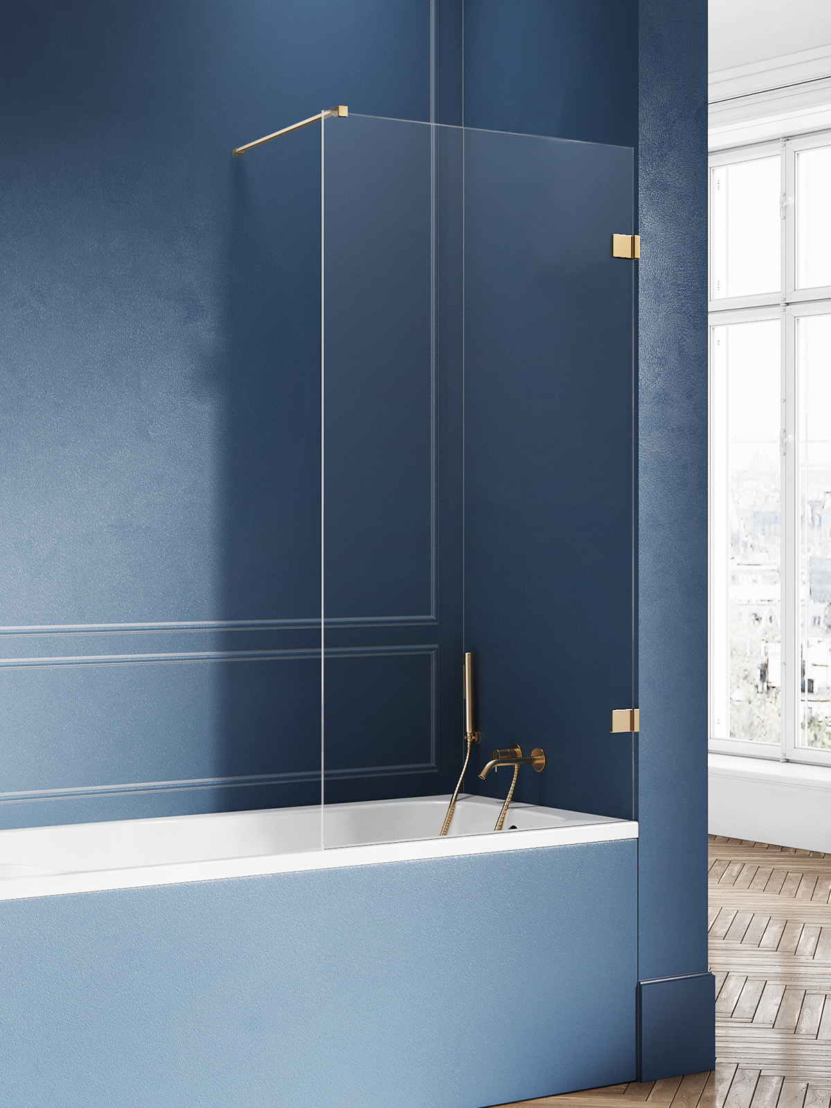 New Trendy Avexa Gold Brushed vaňová zástena 90 cm jednodielny zlatá brúsené/číre sklo EXK-2008-WP