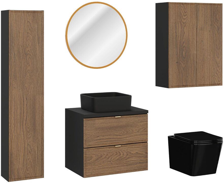 Súprava WC misa s pomaly sa sklápajúcim sedadlom Comad Wall Hung Toilet WALL HUNG TOILET BLACK ( E-1060A ), zrkadlo Comad Hestia LUSTROHESTIA60, TALIA CASELLA 80-30-1D, UM-6276SLIM40BLACKDP, TALIA CASELLA 82-60-46-2S, TALIA CASELLA 81-30-1D, BLACK 89-60-4