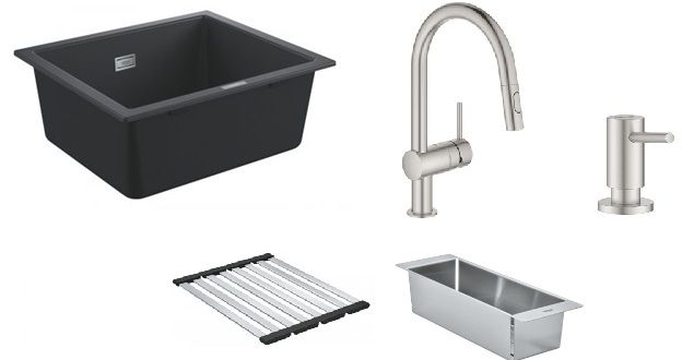 Súprava kuchynská batéria Grohe Minta 32321DC2, granitový drez Grohe K700 31654AP0, 40852SD0, 40535DC0, 40856SD0