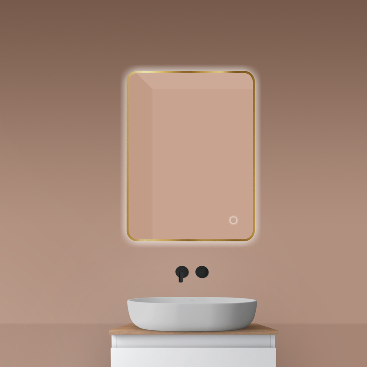 Oltens Nordlis zrkadlo 60x80 cm odĺžnikový s osvetlením s vyhrievacou podložkou zlatá 64119810