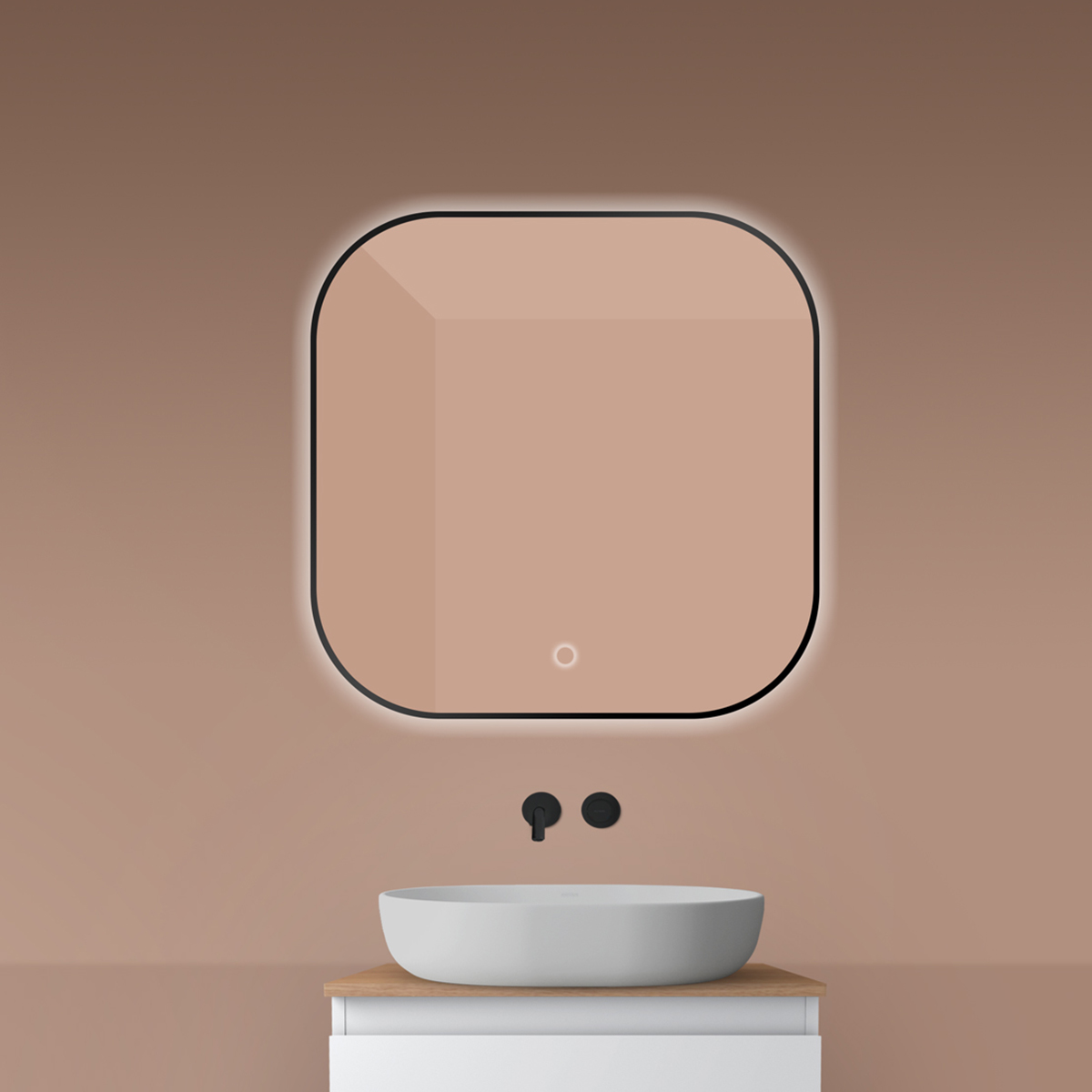 Oltens Nordlis zrkadlo 80x80 cm štvorcový s osvetlením s vyhrievacou podložkou čierna 64125300