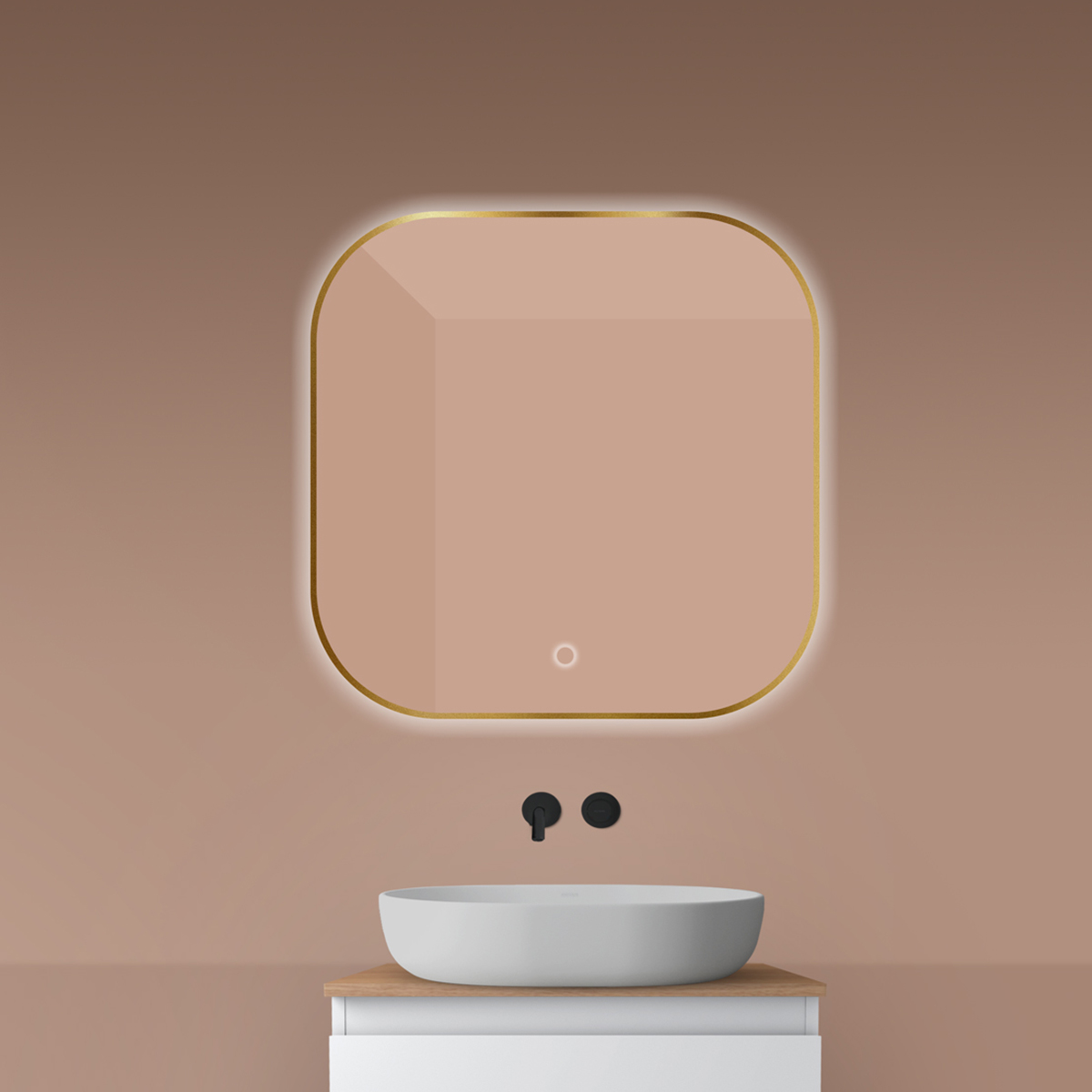 Oltens Nordlis zrkadlo 80x80 cm štvorcový s osvetlením s vyhrievacou podložkou zlatá 64125810