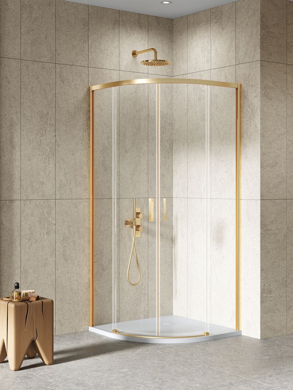 New Trendy Prime Gold Brushed sprchovací kút 90x90 cm polkruhová zlatá brúsené/priehľadné sklo K-3589