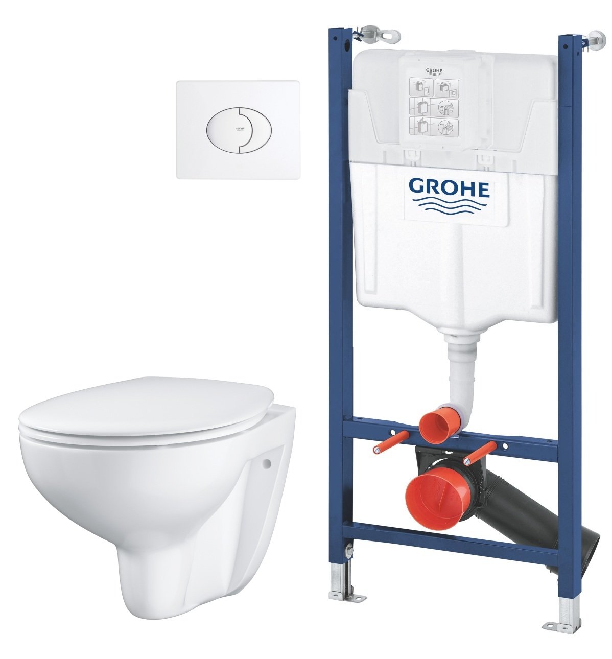 Súprava WC misa s pomaly sa sklápajúcim sedadlom Grohe Bau Ceramic 39351000, podomietková konštrukcia Grohe Solido 38971000, 38506SH0