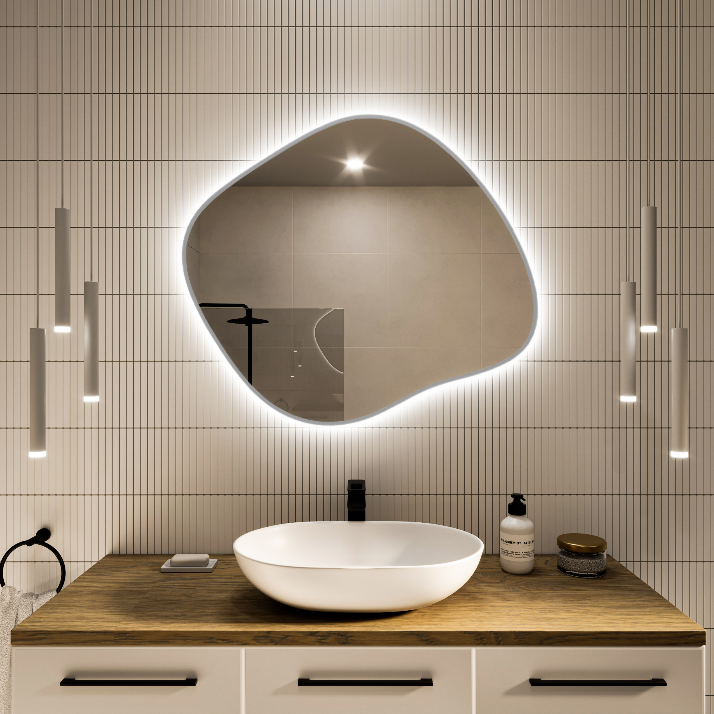 Baltica Design Tiny Borderbright Stain III zrkadlo 70x60 cm s osvetlením s vyhrievacou podložkou strieborná 5904107917771