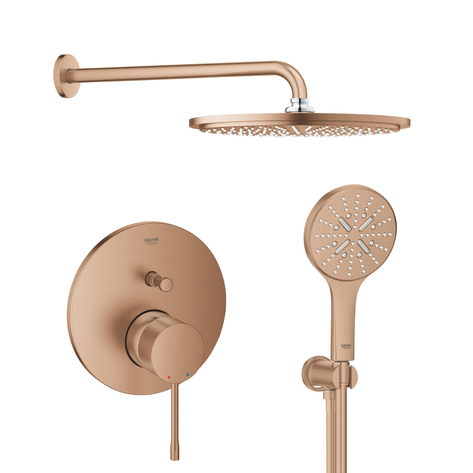Súprava horná sprcha so sprchovacím ramenom Grohe Rainshower 26066DL0, vaňová/sprchová batéria Grohe Essence 24058DL1, 26574DL0, 26658DL0, 28388DA1
