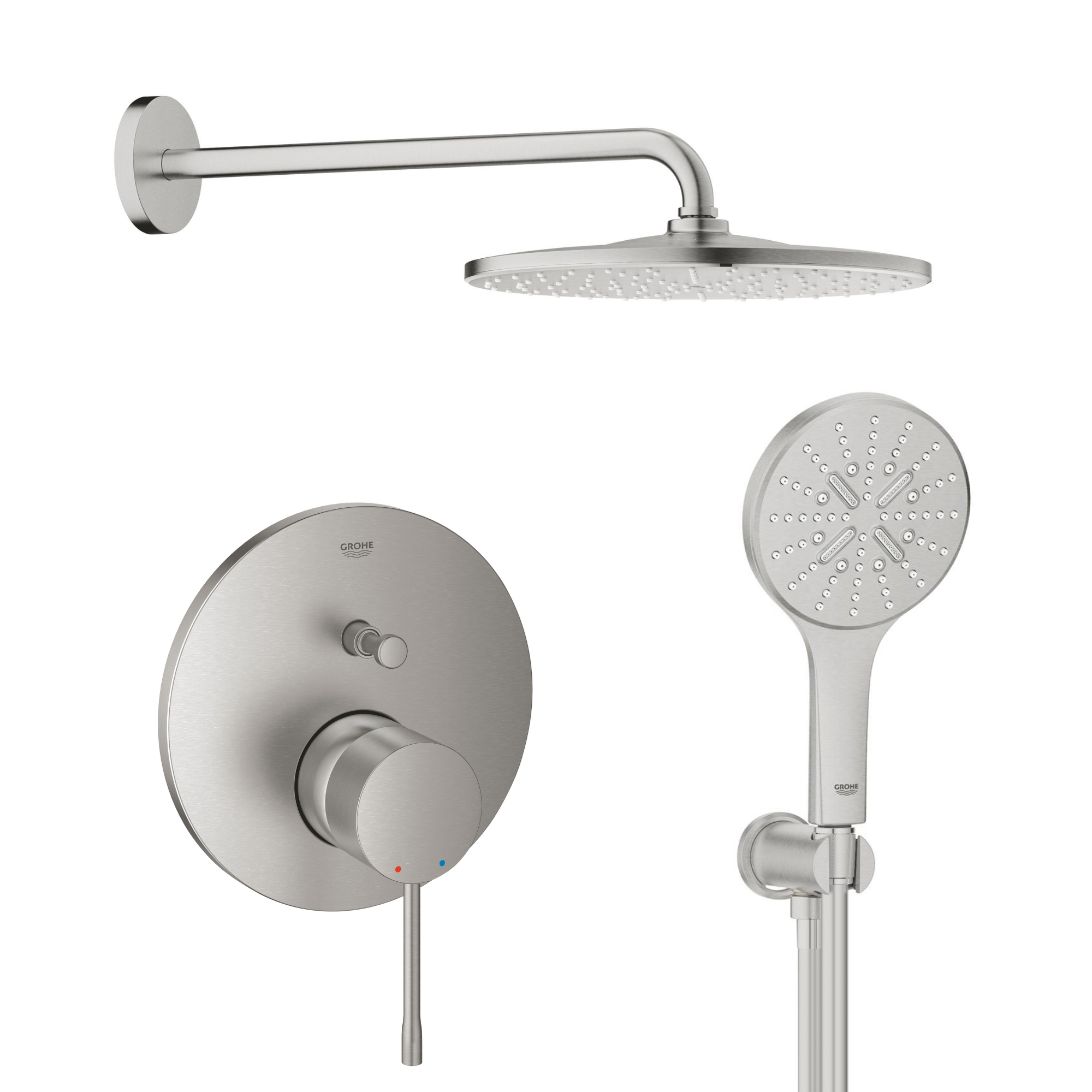 Súprava horná sprcha so sprchovacím ramenom Grohe Rainshower 26558DC0, vaňová/sprchová batéria Grohe Essence 24058DC1, 26574DC0, 26658DC0, 28362DC1