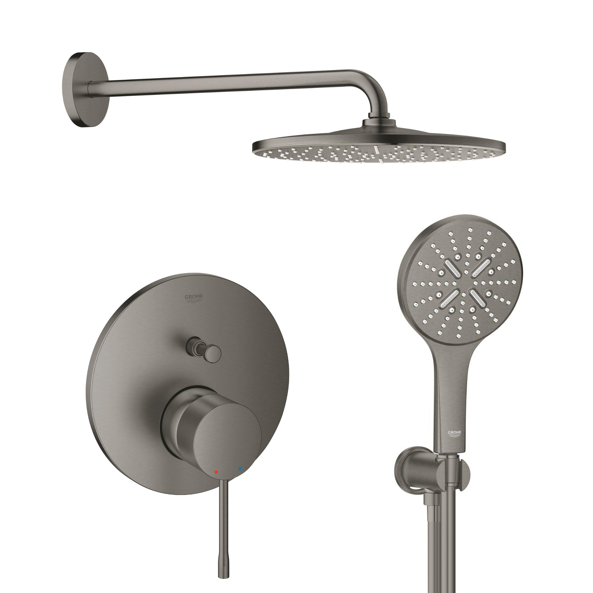 Súprava horná sprcha so sprchovacím ramenom Grohe Rainshower 26558AL0, vaňová/sprchová batéria Grohe Essence 24058AL1, 26574AL0, 26658AL0, 28362A01