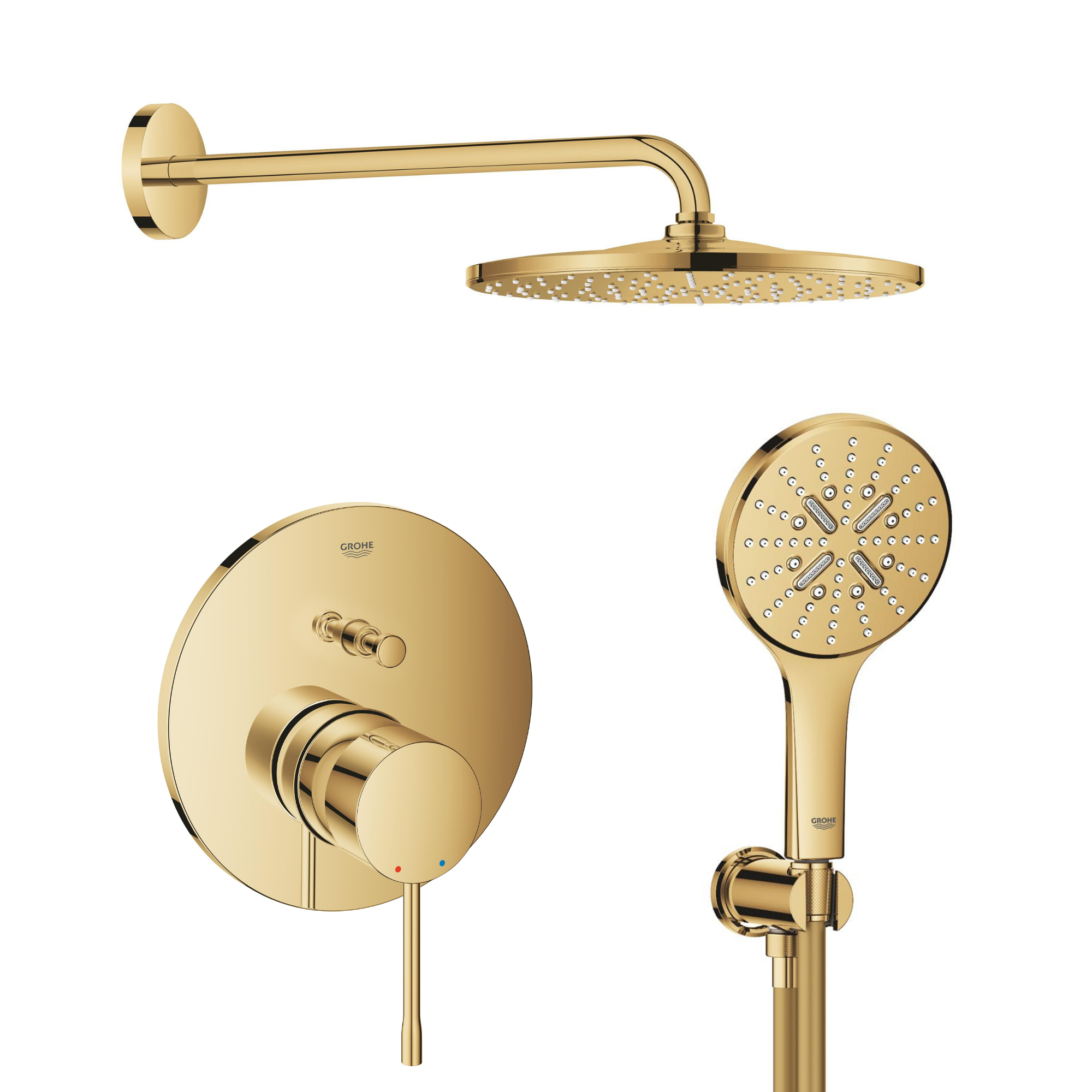 Súprava horná sprcha so sprchovacím ramenom Grohe Rainshower 26558GL0, vaňová/sprchová batéria Grohe Essence 24058GL1, 26574GL0, 26658GL0, 28362GL1