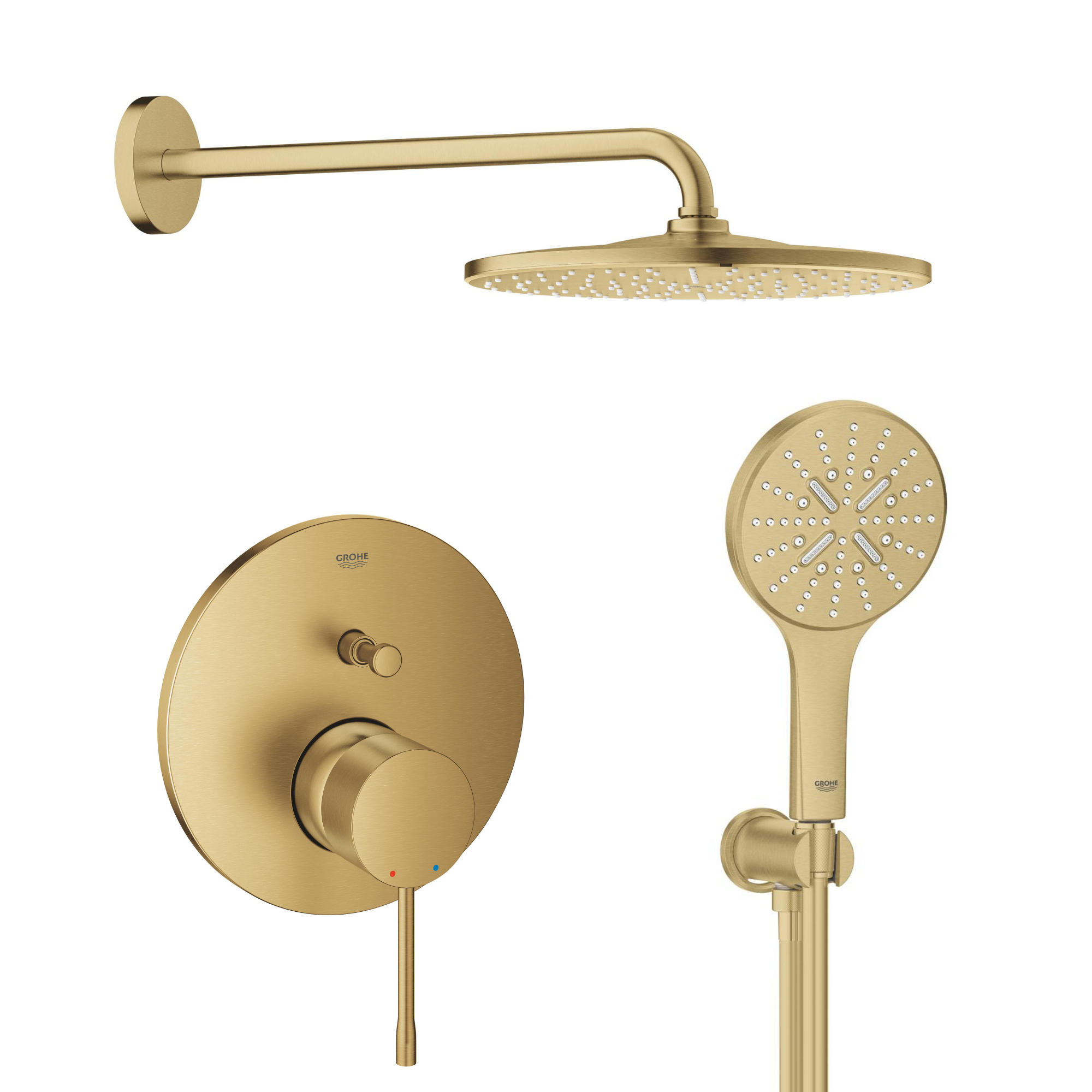 Súprava horná sprcha so sprchovacím ramenom Grohe Rainshower 26558GN0, vaňová/sprchová batéria Grohe Essence 24058GN1, 26574GN0, 26658GN0, 28362GL1