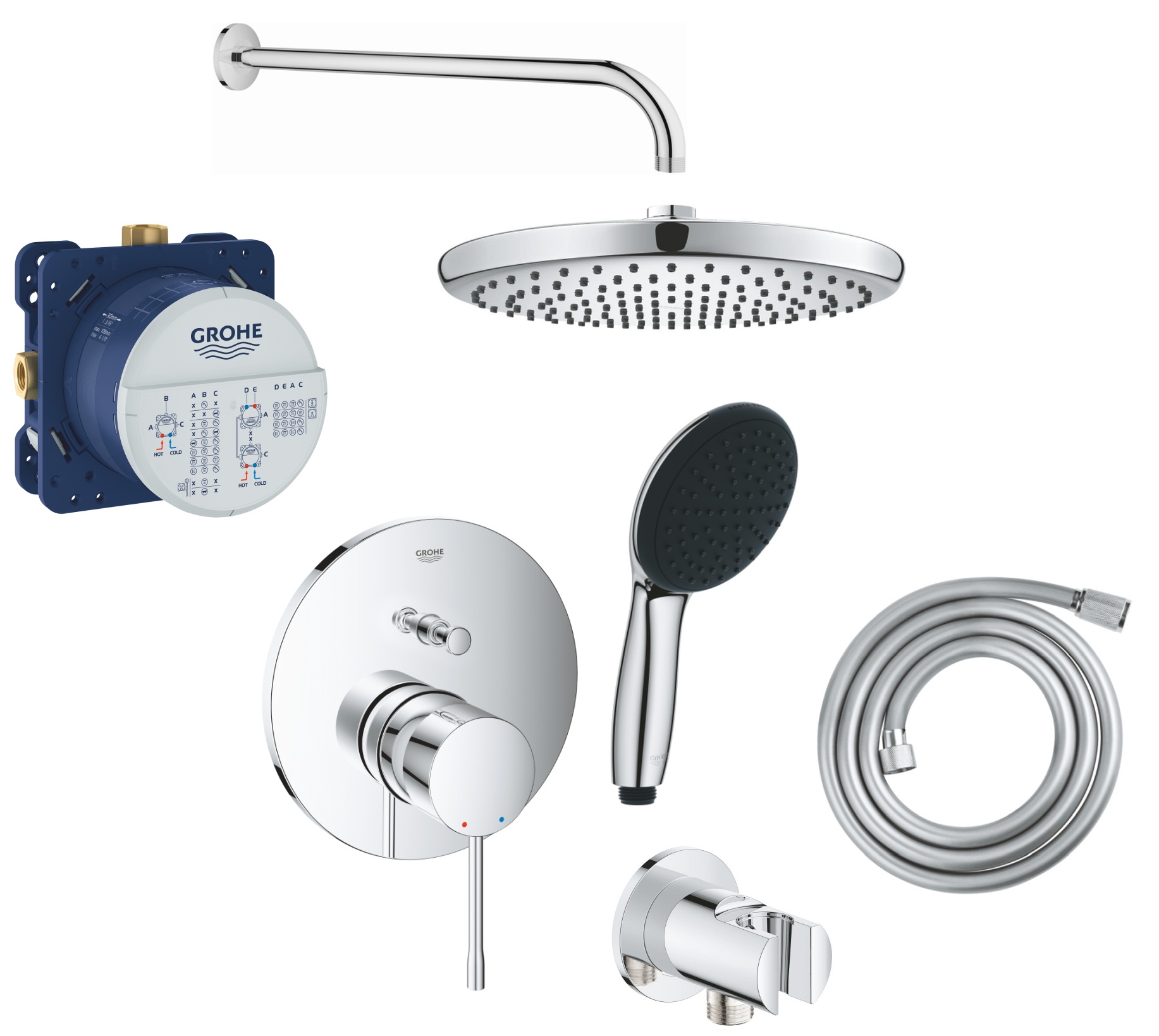 Súprava vaňová/sprchová batéria Grohe Essence 24058001, horná/hlavová sprcha Grohe Vitalio Start Shower System 26815000, 35600000, 27851000, 26962001, 27940001, 28741002