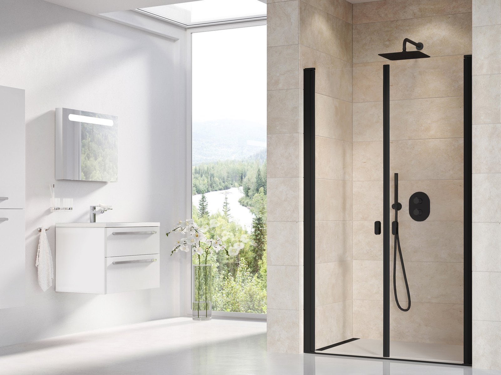 Ravak Chrome sprchové dvere 110 cm výklopné čierna matná/priehľadné sklo 0QVDC30LZ1