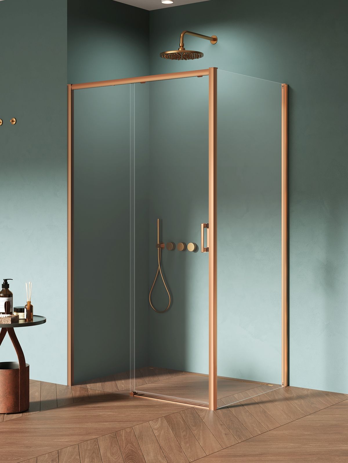 New Trendy Prime Copper Brushed sprchovací kút 140x90 cm štvorcová medená brúsené/priehľadné sklo D-0820A/D-0342B
