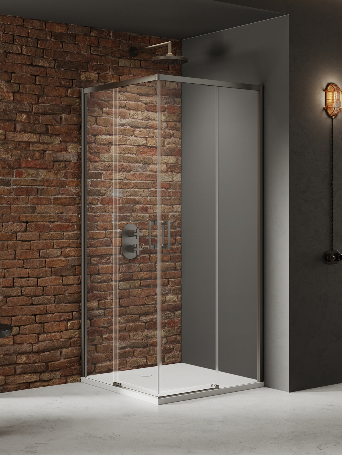 New Trendy Prime Gunmetal Brushed sprchovací kút 90x90 cm obdĺžniková kladivková farba brúsené/priehľadné sklo D-0883A/D-0884A