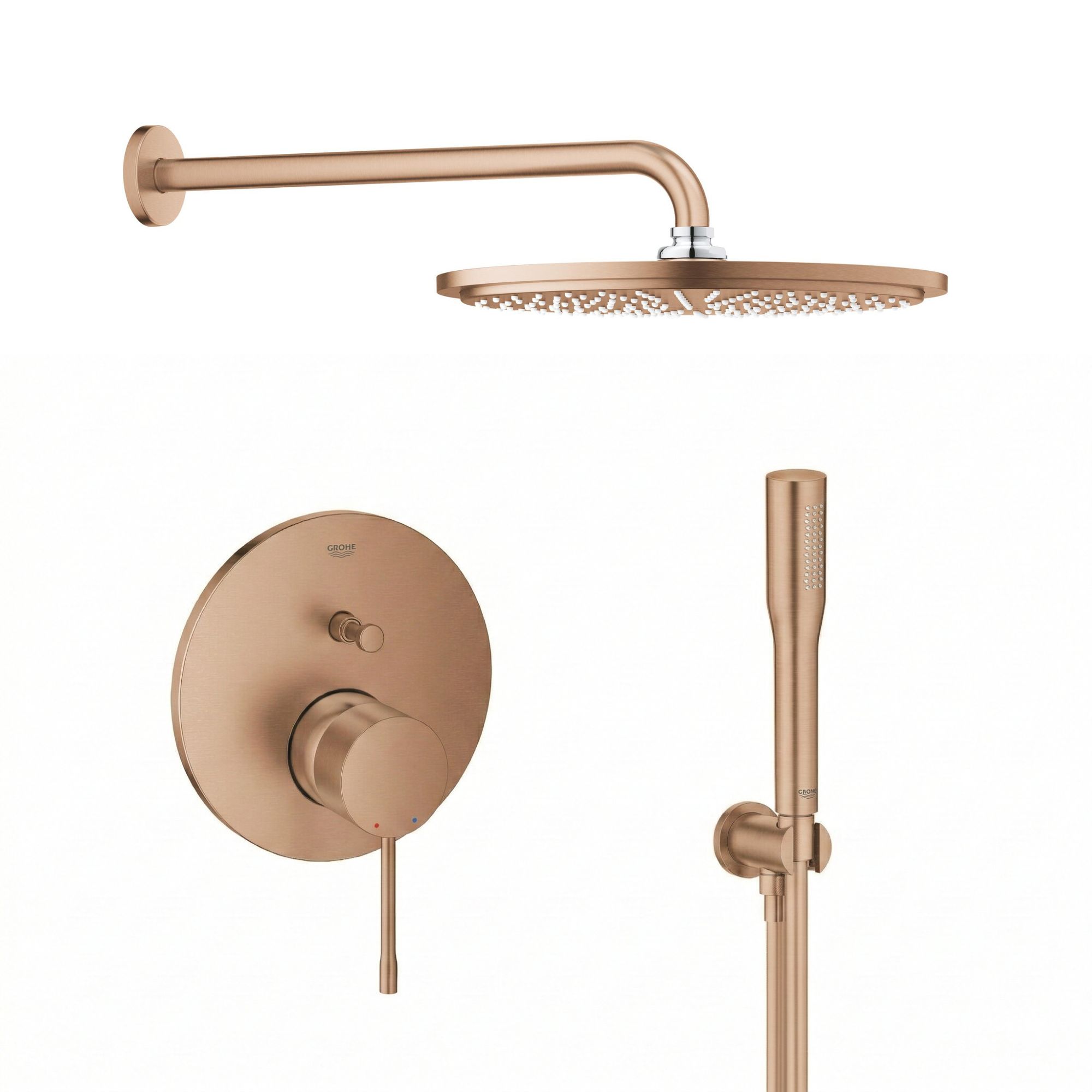 Súprava horná sprcha so sprchovacím ramenom Grohe Rainshower 26066DL0, vaňová/sprchová batéria Grohe Essence 24058DL1, 26658DL0, 27400DL0, 28388DA1