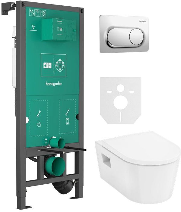 Súprava WC misa s pomaly sa sklápajúcim sedadlom Hansgrohe EluPura Original S 60288450, podomietková konštrukcia Hansgrohe iFrame universal 01022180, 66002000