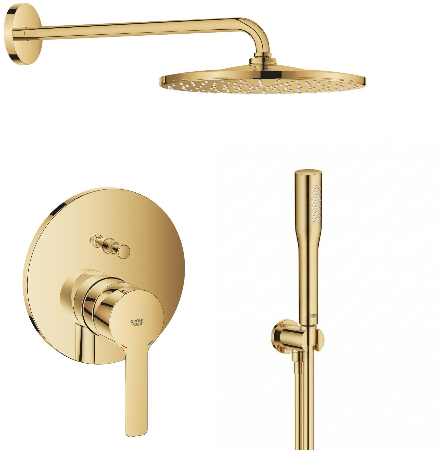 Súprava horná sprcha so sprchovacím ramenom Grohe Rainshower 26558GL0, vaňová/sprchová batéria Grohe Lineare 24064GL1, 26658GL0, 27400GL0, 28362GL1