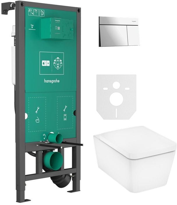 Súprava WC misa s pomaly sa sklápajúcim sedadlom Hansgrohe EluPura Q 60293450, splachovacie tlačidlo Hansgrohe Element E 66003000, 01022180
