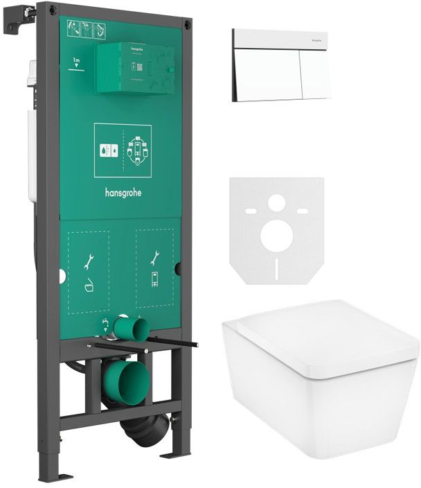 Súprava WC misa s pomaly sa sklápajúcim sedadlom Hansgrohe EluPura Q 60293450, splachovacie tlačidlo Hansgrohe Element E 66003700, 01022180