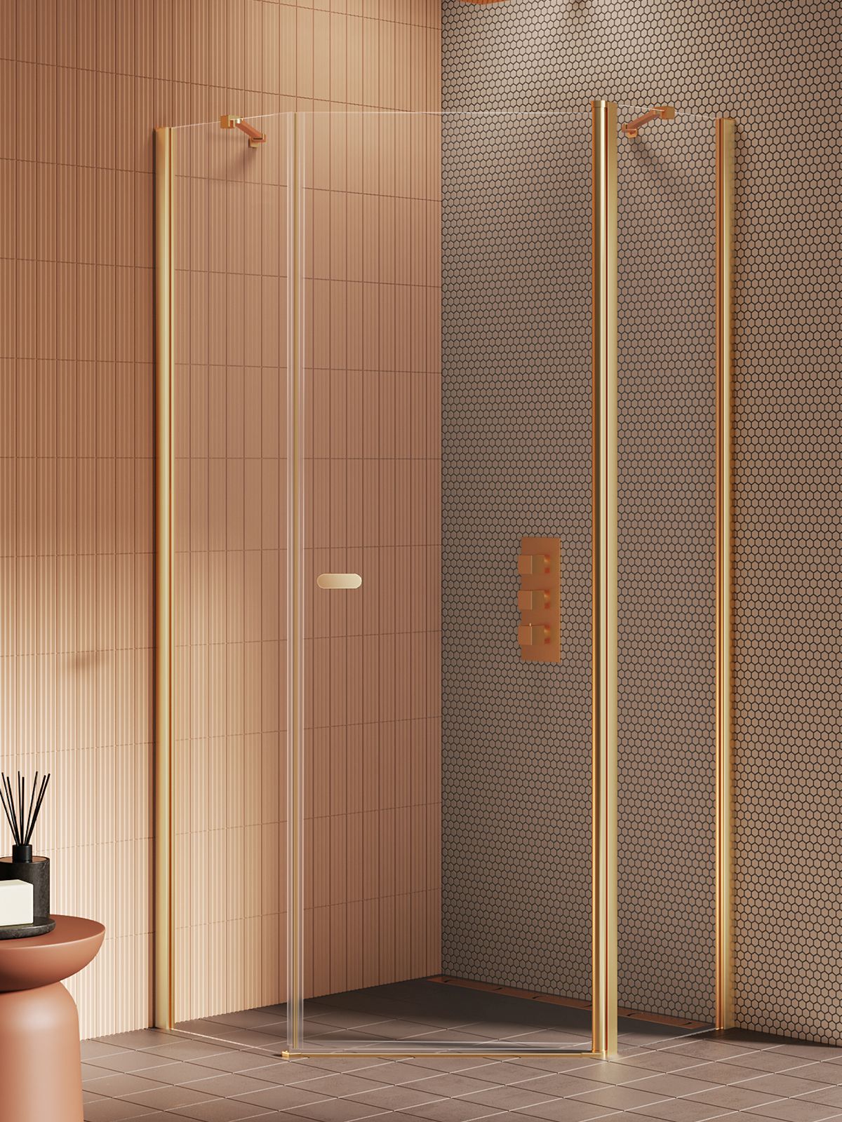 New Trendy New Soleo Gold Brushed sprchovací kút 90x90 cm zlatá brúsené/priehľadné sklo K-3582