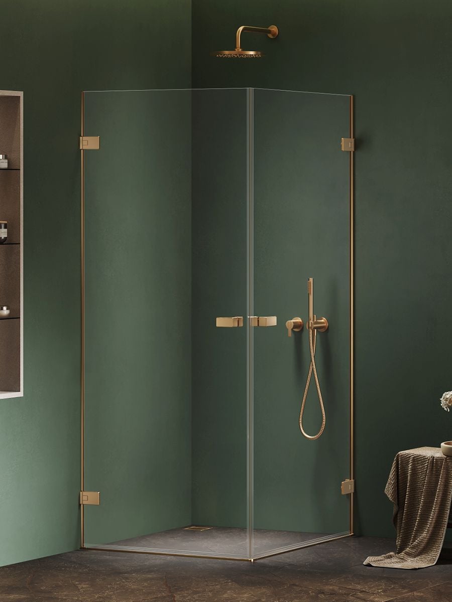 New Trendy Oxia Gold Brushed sprchovací kút 90x90 cm zlatá brúsené/priehľadné sklo AXJ-0602
